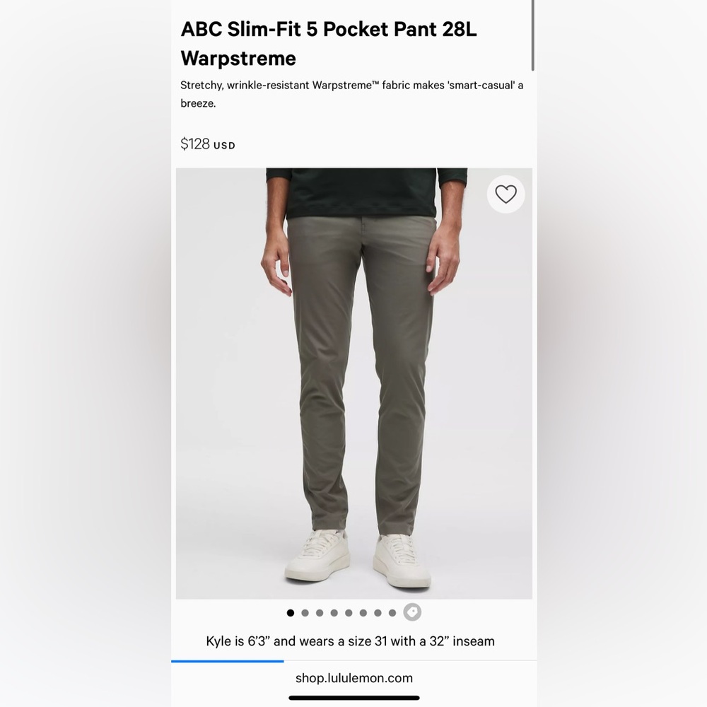 Lululemon men’s army green size 31 abc slim fit 5 pocket pant 28L